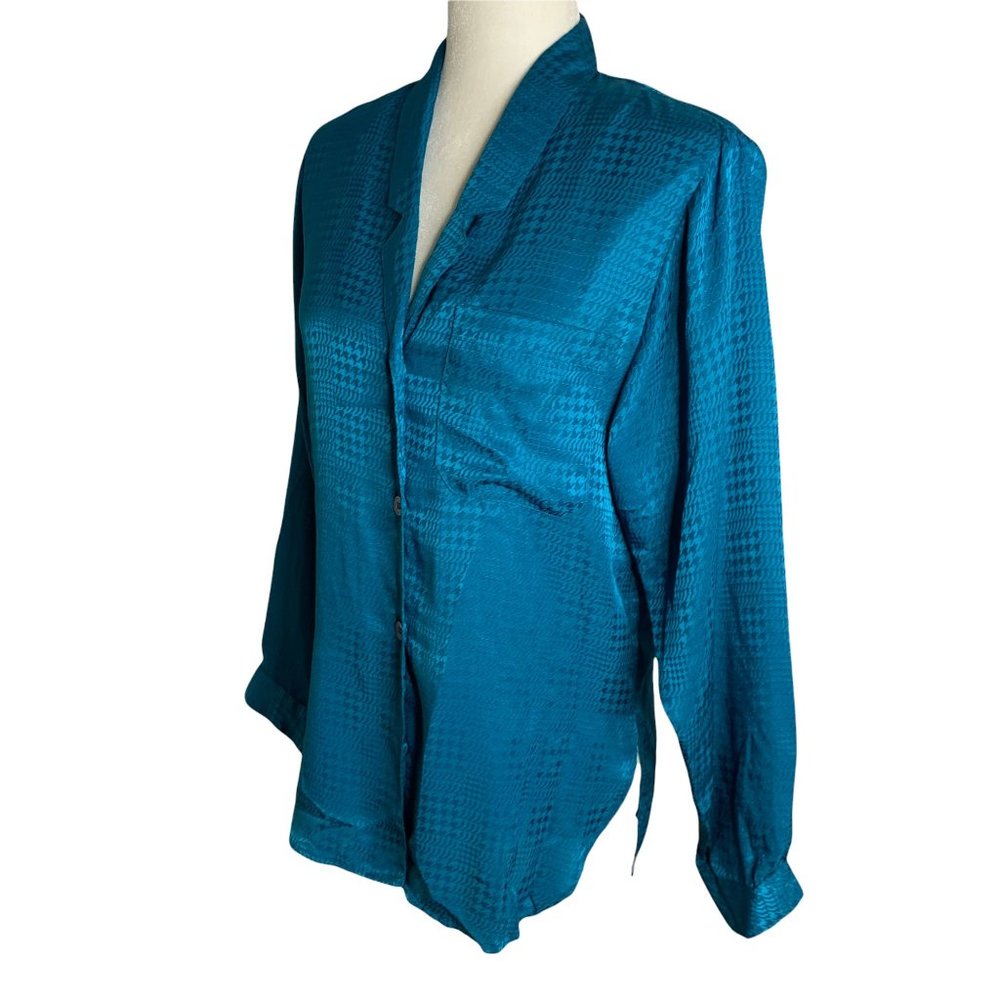 Vintage Silky Button Up Shirt M Teal Blue Long Sleeve Pocket Notch Collar - Picture 3 of 6